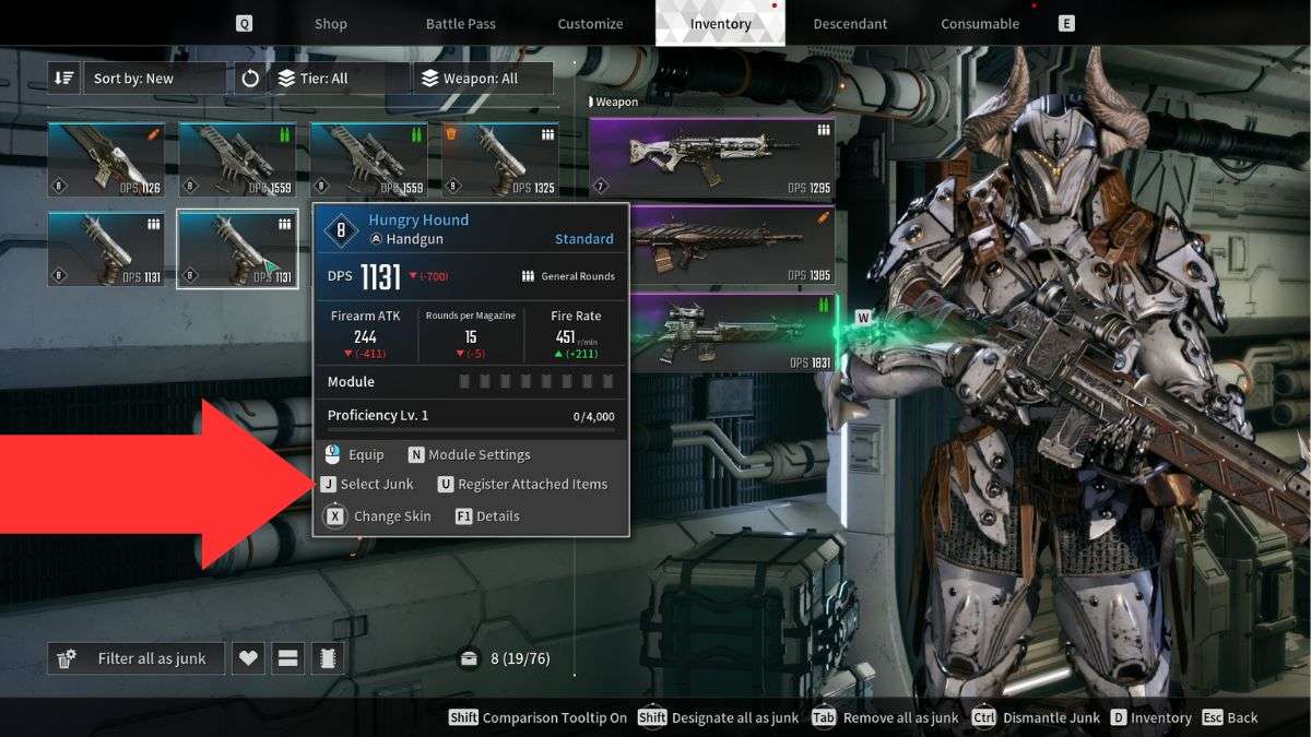 Arrow showing location of button used to clear inventory in The First Descendant.