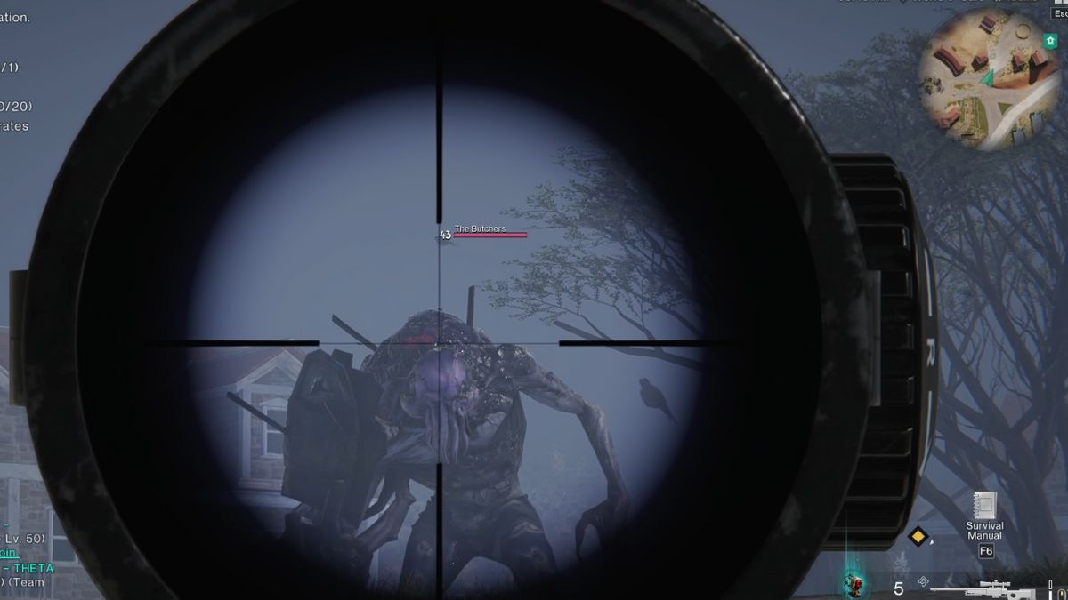 The Butchers Elite Enemy viewed through a rifle scope at Evergreen in Once Human.