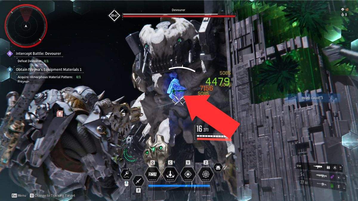 A player shoots at the core cover of The Devourer in The FIrst Descendant.