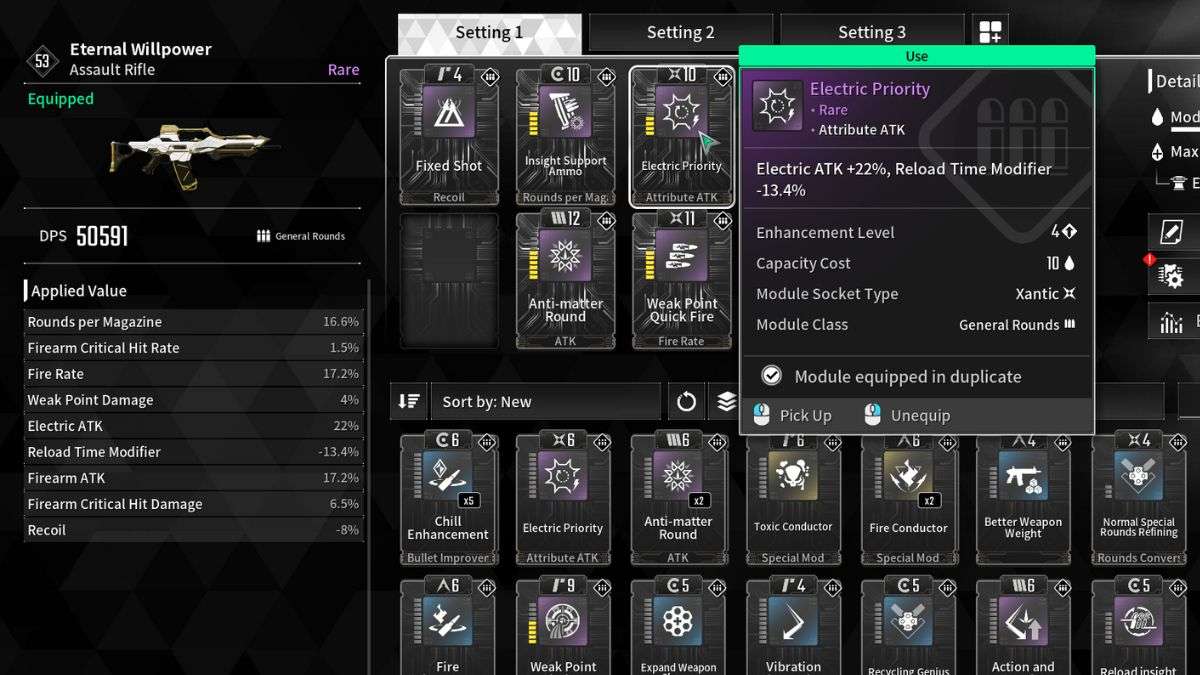 The Electric Priority Module equipped to the Eternal Willpower Assualt Rifle in The First Descendant