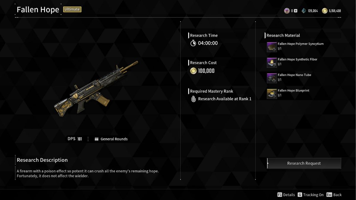 The Fallen Hope assault rifle from The First Descendant and it's unlock requirements.