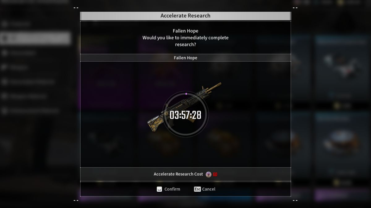 The Fallen Hope Research screen showing that it takes 4 hours alone just to research the weapon.