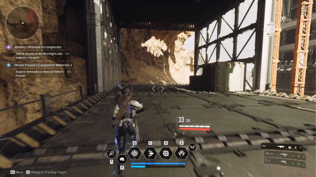 A First Descendant player following the path to the Encrypted Storage Vault in Sterile Land.