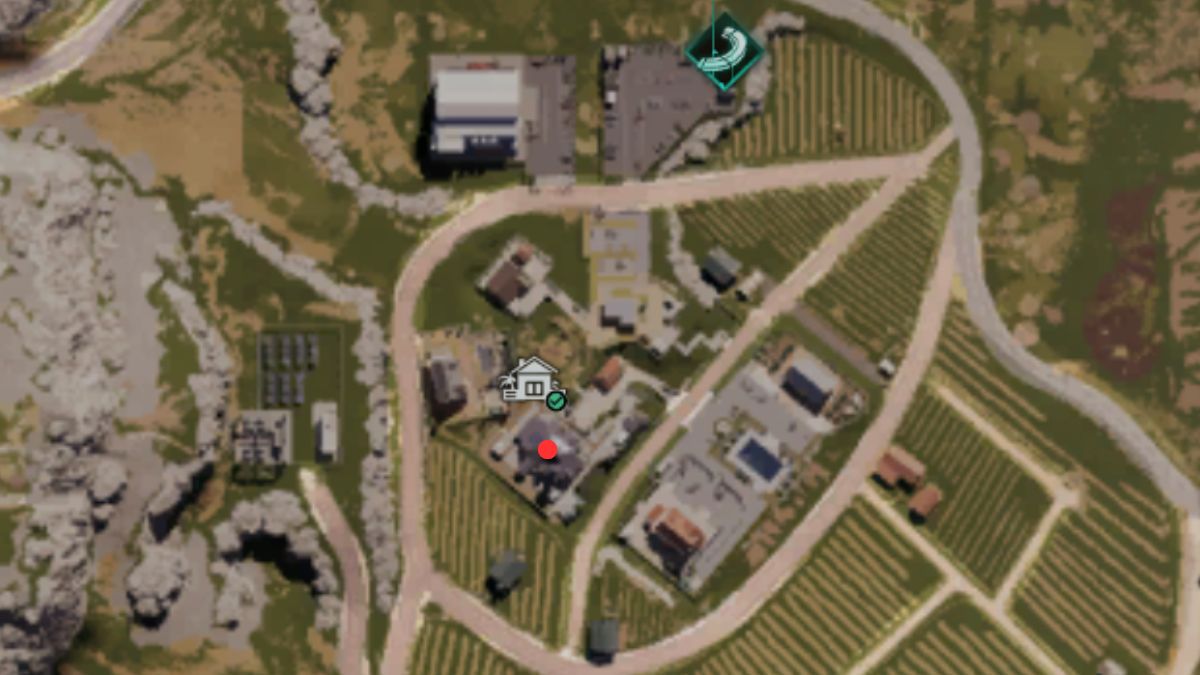 The Mystical Crate location at Evergreen Vineyard in Once Human marked on a map of the area.
