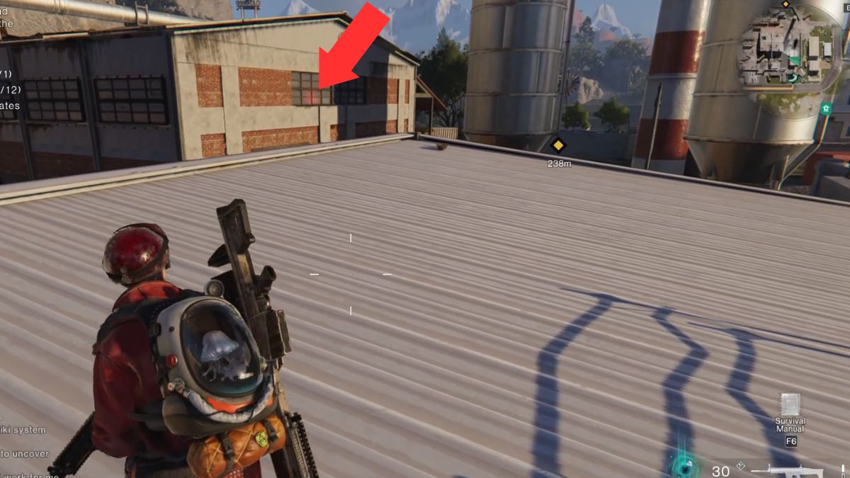 The Mystical Crate visible through a window at Furnace Lair and marked with an arrow - Once Human Exploration.