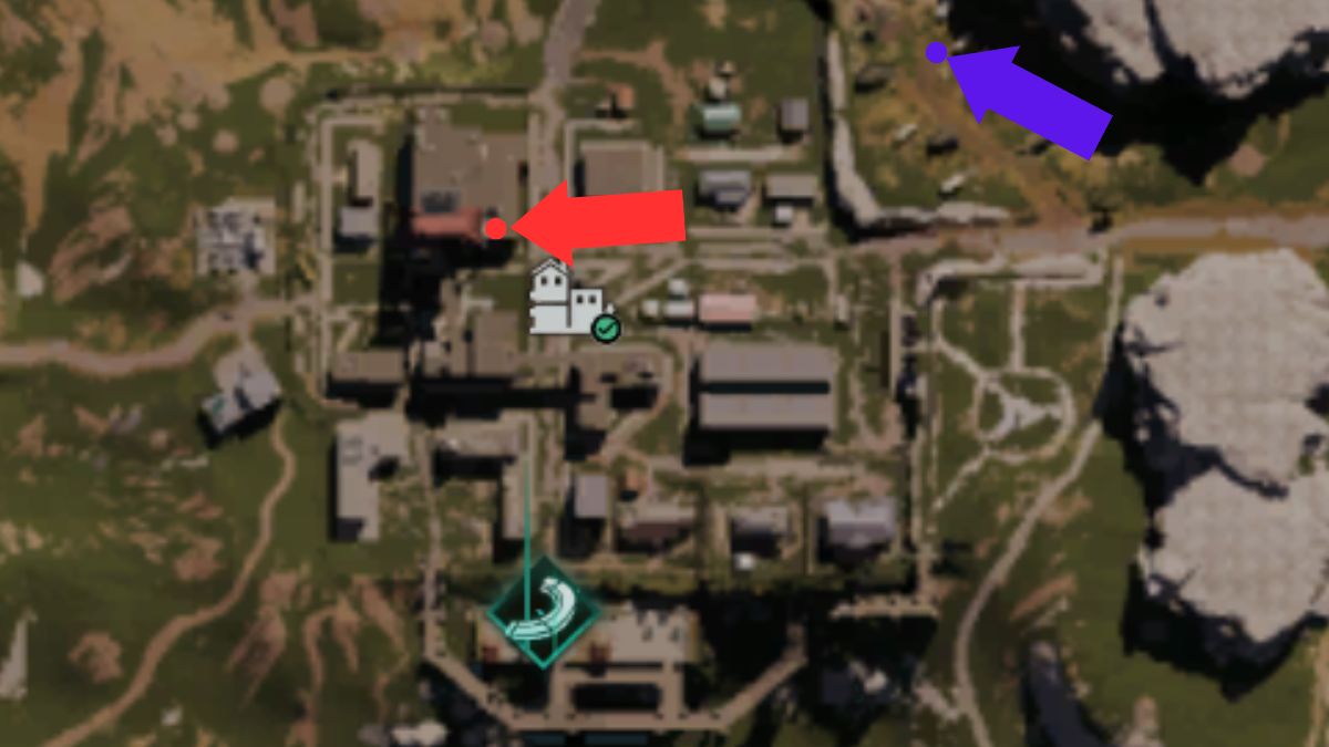 Mystical Crate locations at Rotten Saddle marked on a map in Once Human, with the hidden Mystical Crate as purple and the Mystical Crate as red.