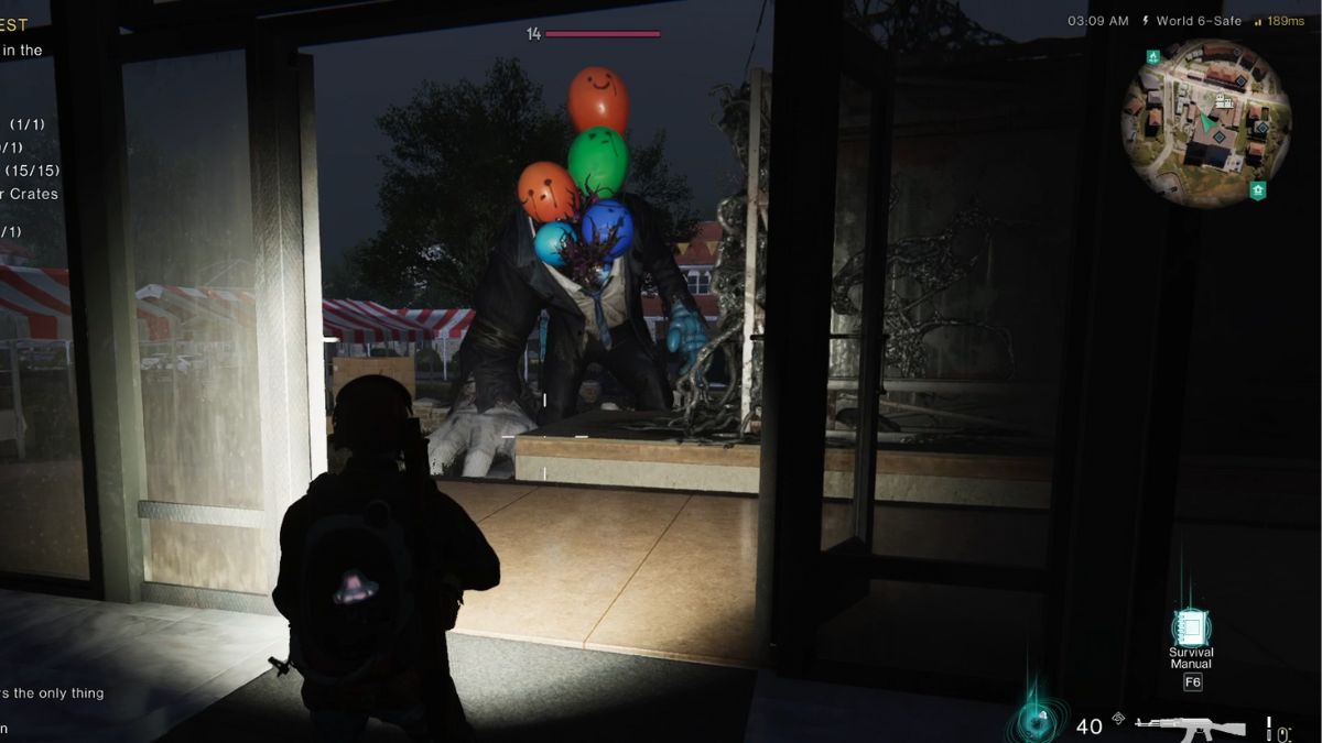 A player fighting the elite balloon monster from inside a building at High Banks in Once Human.