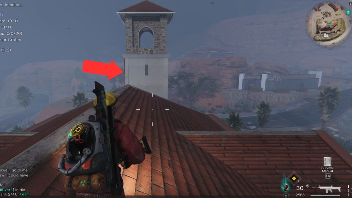 The bell tower that contains the Mystical Crate in Evergreen with an arrow showing the ladder needed to get in.
