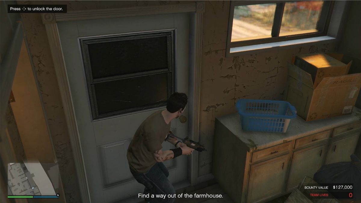 Showing the location of the best door at which to exit the farmhouse in the Leroy O'Neil bounty mission. 
