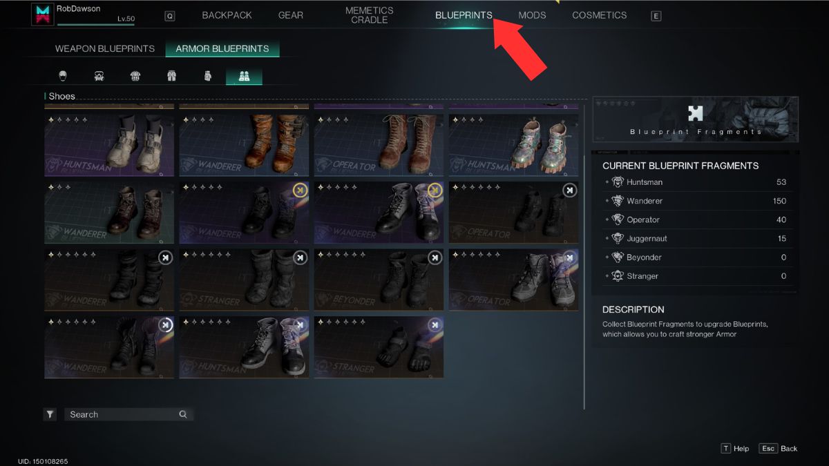 The Blueprints tab in the Once Human menus marked with an arrow to help beginners navigate. 