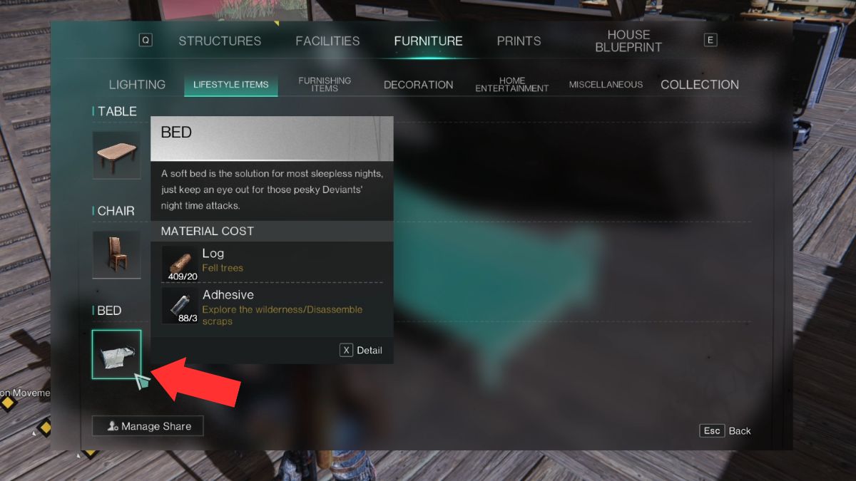 The Building menu showing players how to build a bed that's used to restore sanity in Once Human. 