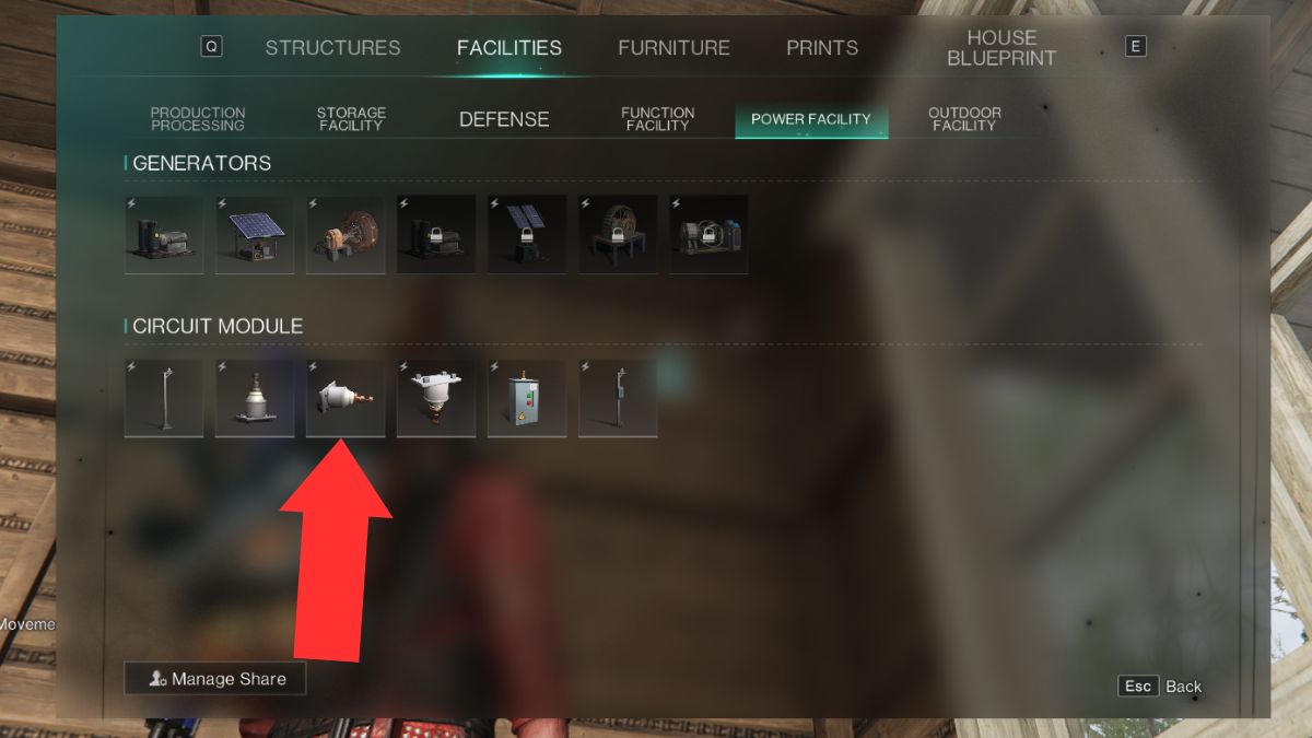 The building menu showing where to find terminals for power generation in Once Human.