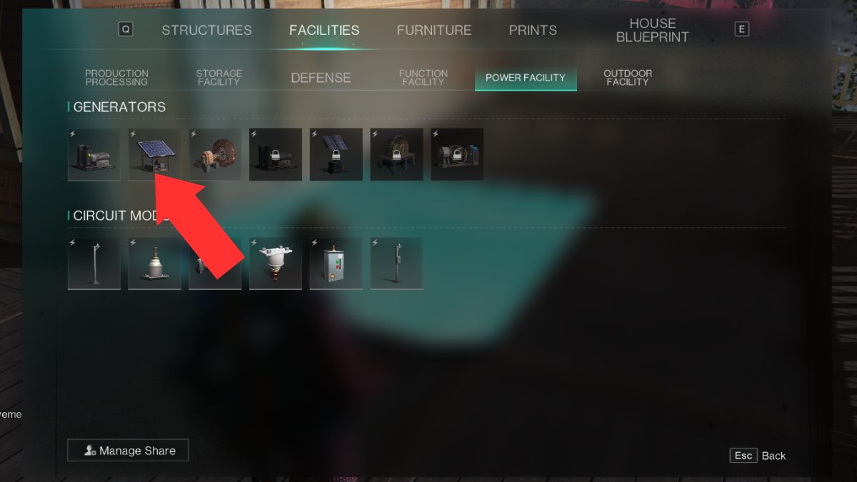 The building tab in Once Human showing where to find solar generators for power generation in Once Human.