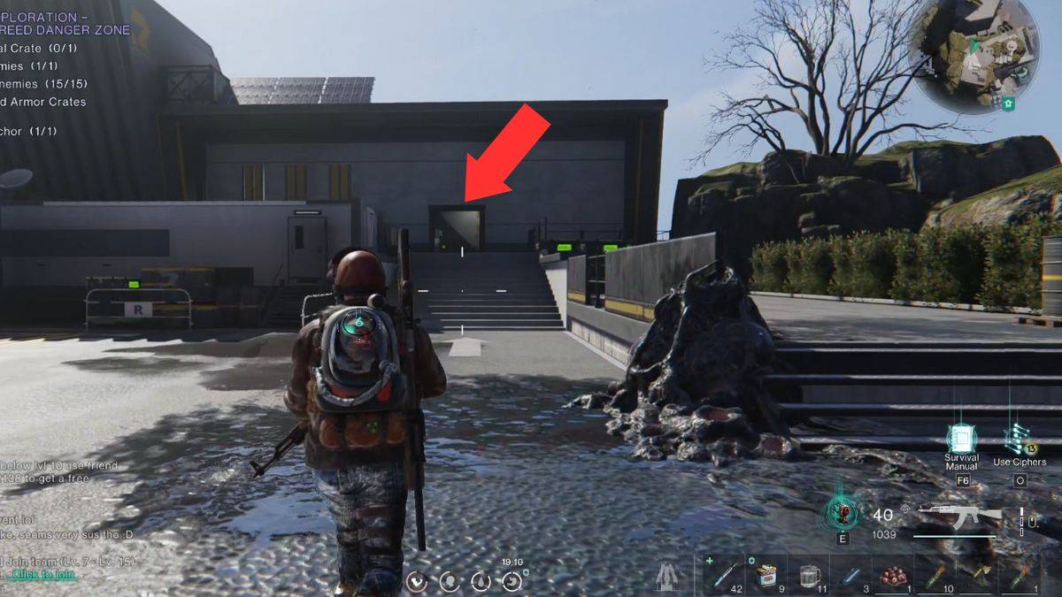 The building in which the Mystical Crate can be found at the Monolith of Greed in Once Human with an arrow pointing to the entrance. 