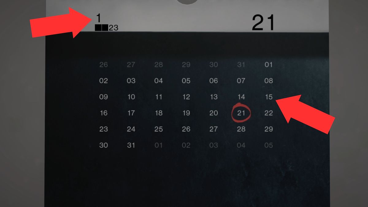 The calendar with the correct dates pointed out for the quest at Dayton Hospital in Once Human.