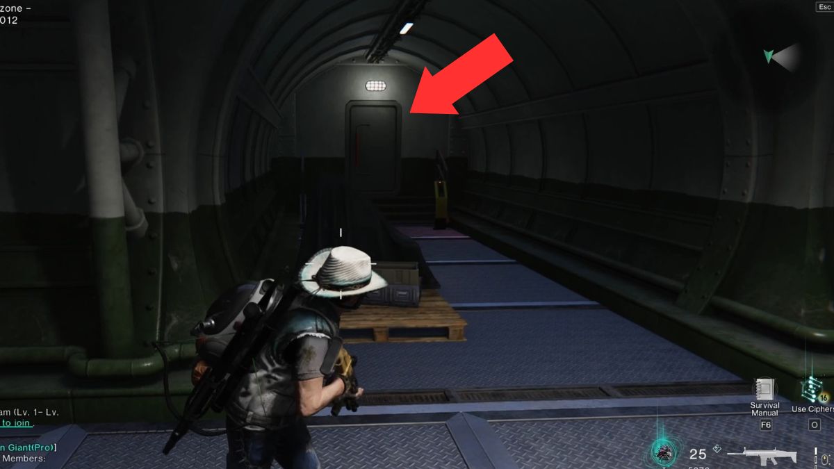 The locked door that leads further into Securement Silo Alpha in Once Human, marked with an arrow.