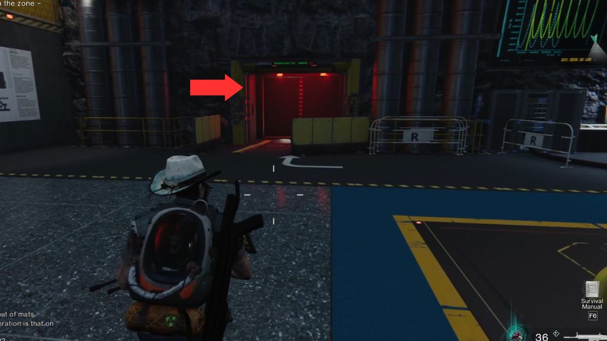 And arrow shows the doors that lead to a secret boss in Securement Silo Sigma in Once Human.