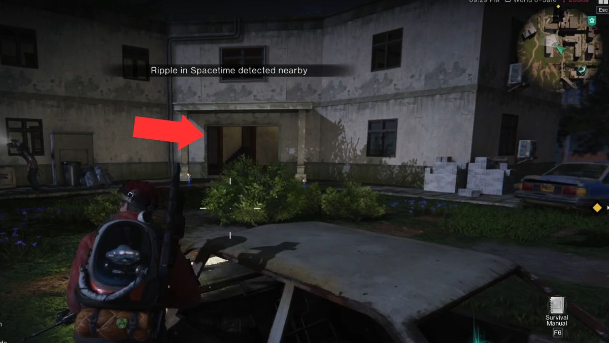 The doorway that leads to a weapon crate at Rotten Saddle marked by an arrow in Once Human.