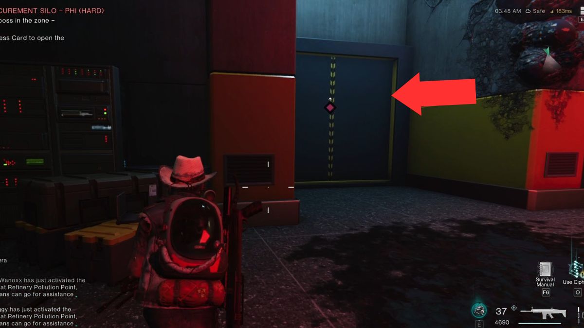 The double doors that lead to the boss in Securement Silo PHI highlighted by an arrow in Once Human.