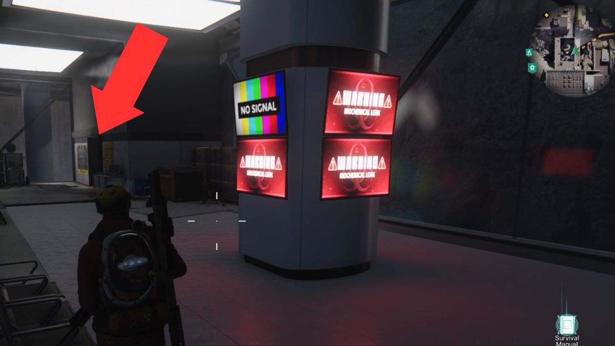 An arrow highlighting the location of the elevator that leads to the Mystical Crate and Rift Anchor at Mirage Monolith.