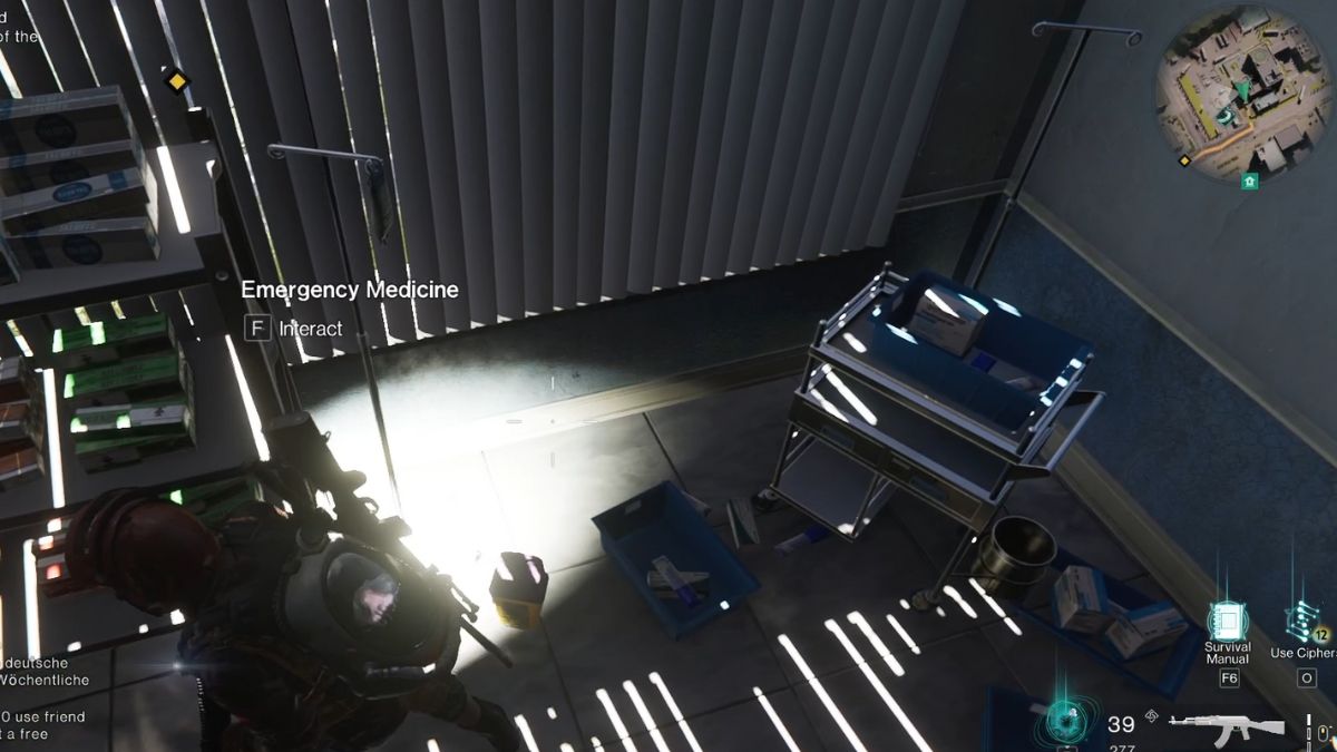 A player interacting with the emergency medicine as part of the quest at Dayton Hospital in Once Human.