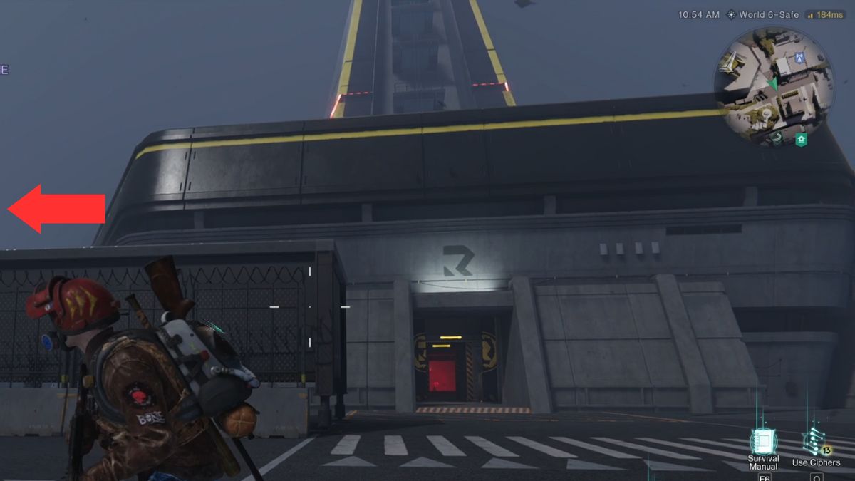 The entrance to the Monolith of Greed in Once Human with an arrow showing the player in which direction the Mystical crate is. 