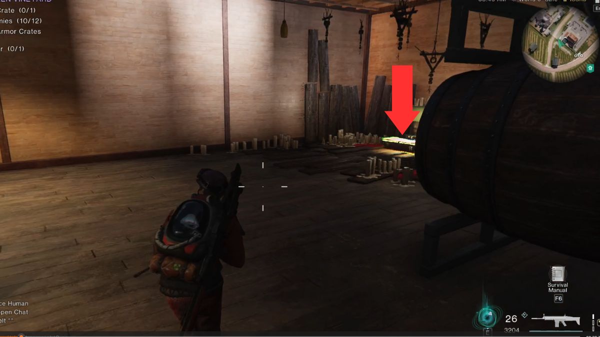 The hidden weapon chest underground at Evergreen Vineyard marked by an arrow. 