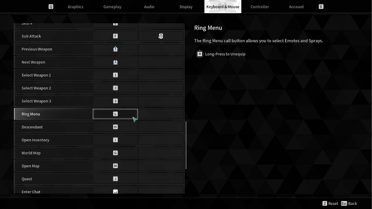 Keybinds menu showing players how to change keybinds on PC in The First Descendant.