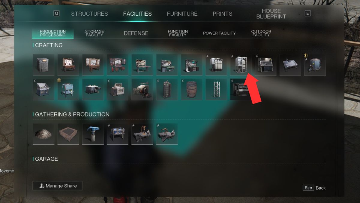 The build menu in Once Human with an arrow showing the location of the Compact Water Purifier for Acid farming in Once Human.