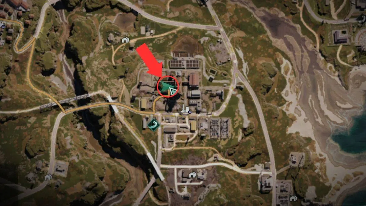 The map in Once Human with the location of the Mystical Crate at Hearst Industries highlighted. 