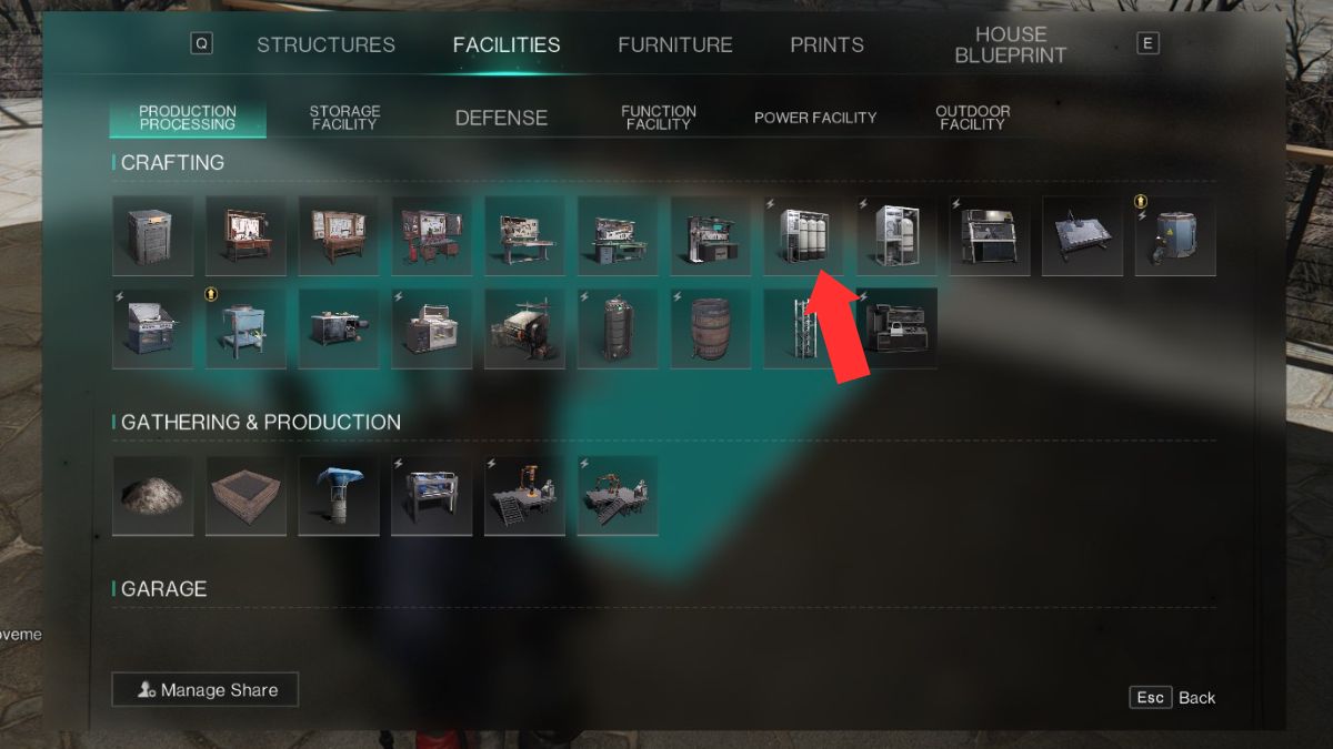The build menu in Once Human with an arrow showing the location of the Osmosis Water Purifier for Acid farming in Once Human. 