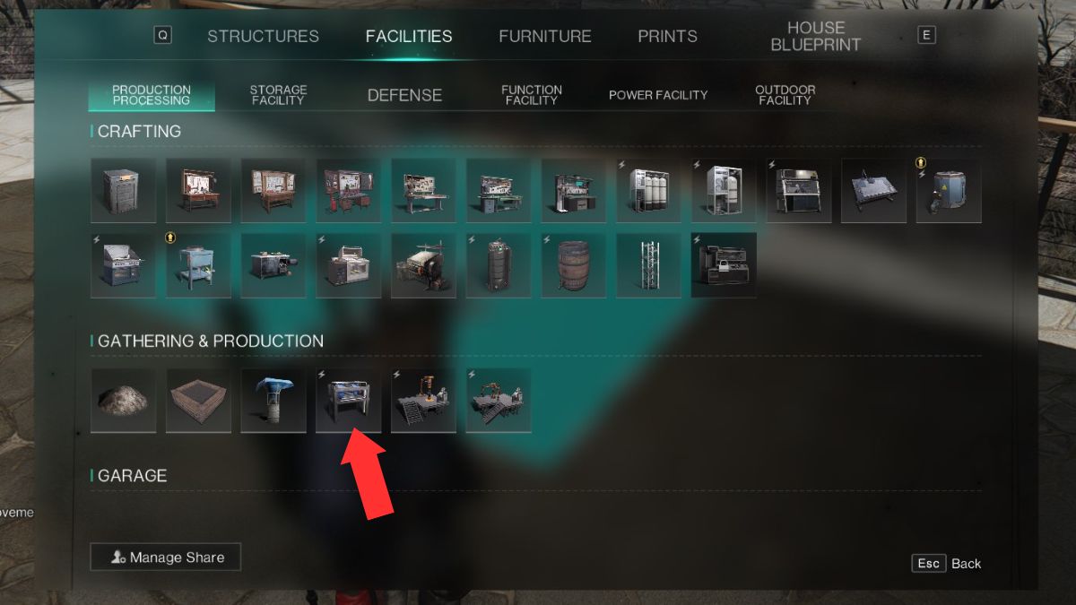 The building screen in Once Human with an arrow showing the water pump location for Acid farming. 