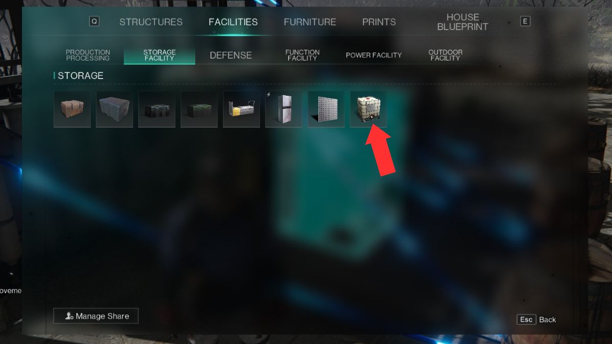 The build menu in Once Human showing the location of the water storage tank with an arrow, used for farming acid in Once Human.