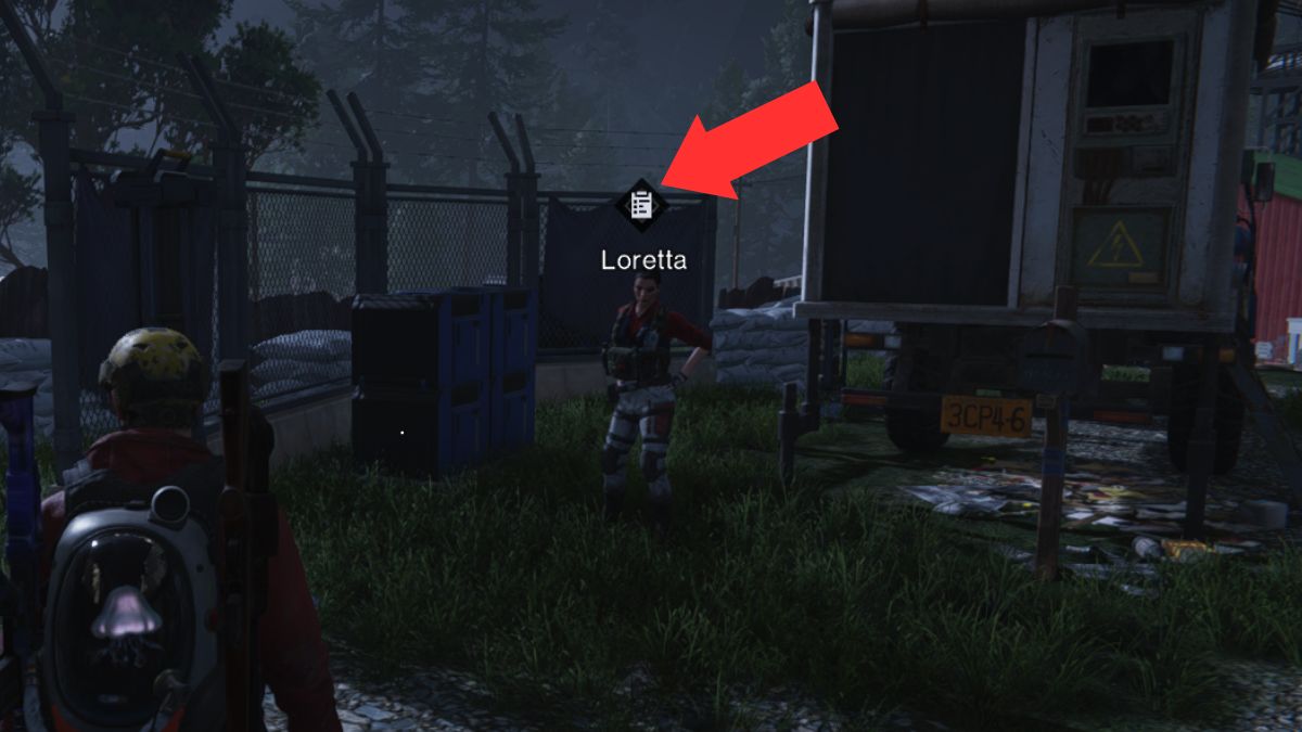The Commissions NPC in Once Human with the clipboard icon above their head highlighted by an arrow.
