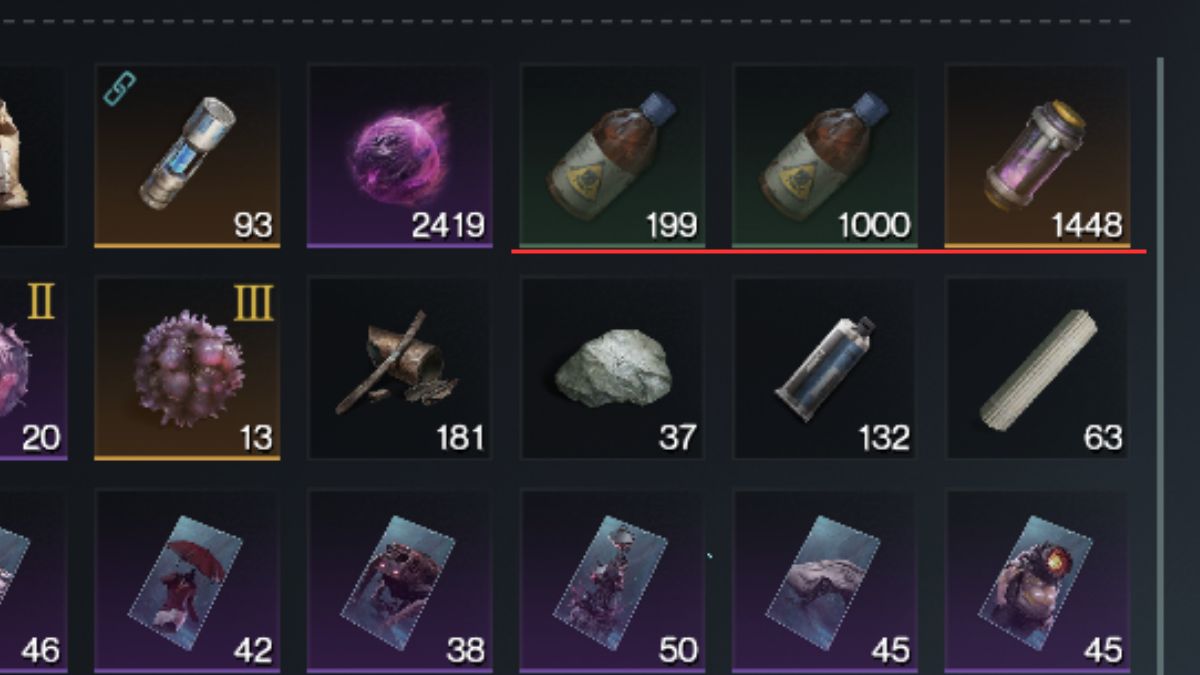 A player inventory after farming the refinery in Once Human for Acid and Stardust Source. 