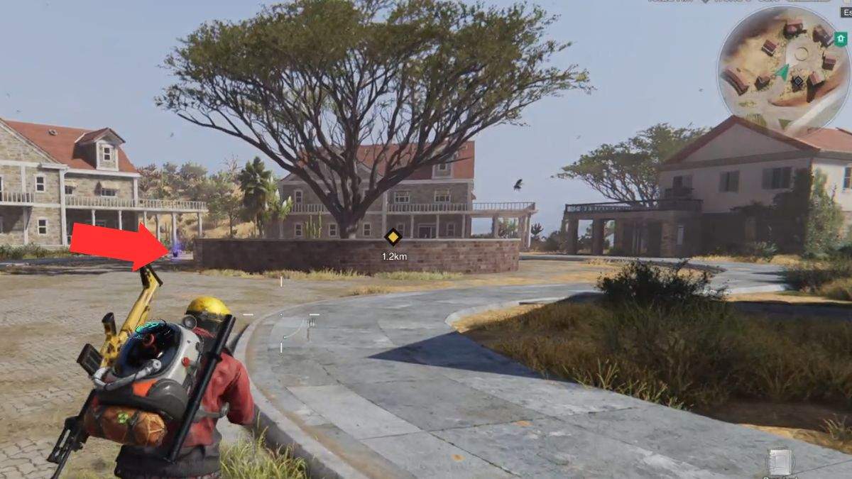 An arrow showing the location of the purple orb that leads to the hidden Mystical Crate in Once Human.