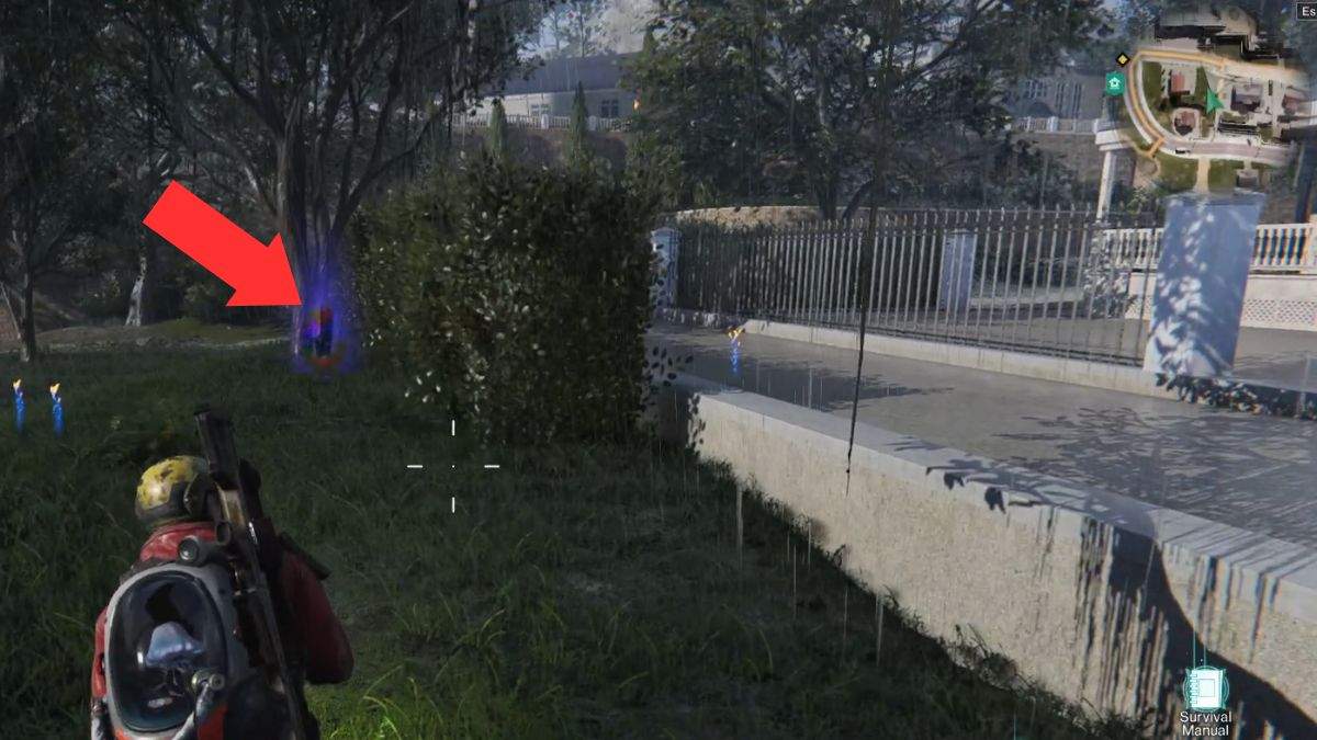 The purple orb that leads to the hidden Mystical Crate at Holt Town hidden behind a hedge in Once Human.