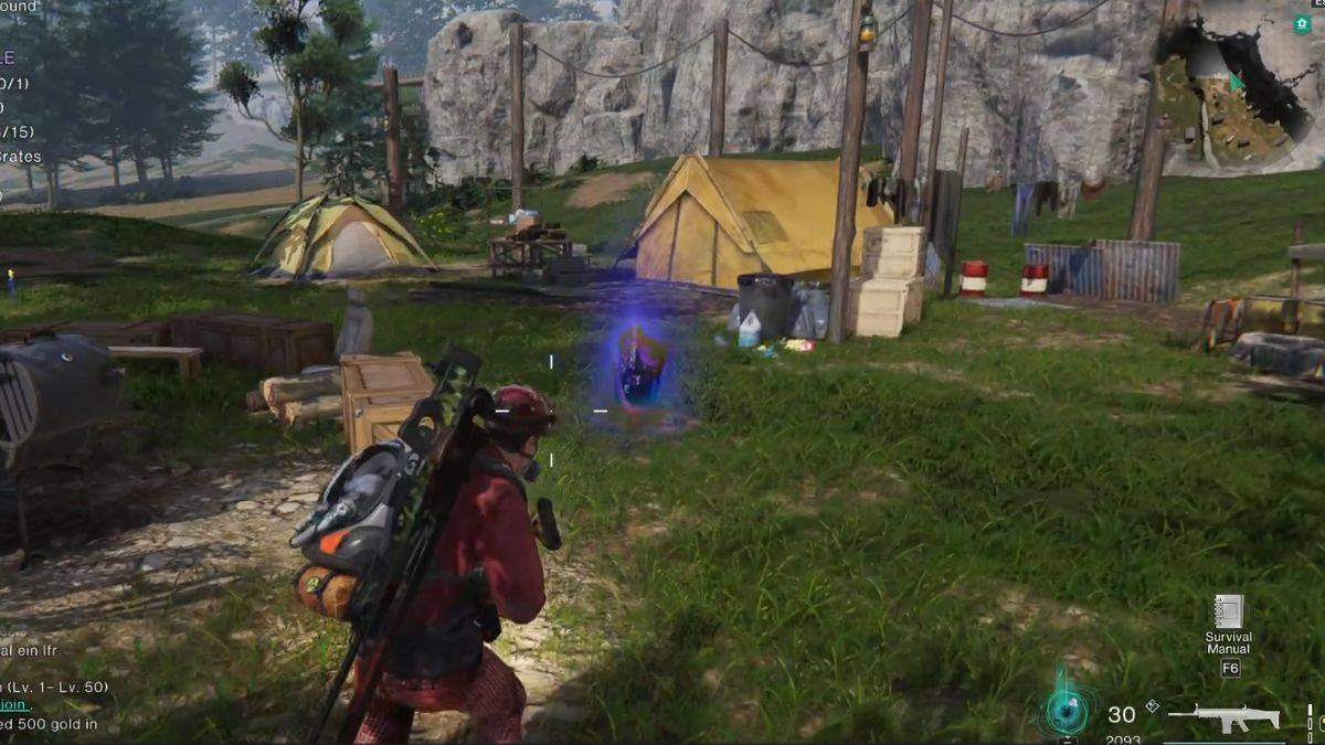 The purple orb that leads to the hidden Mystical Crate at Rotten Saddle in Once Human, in a camp ground.