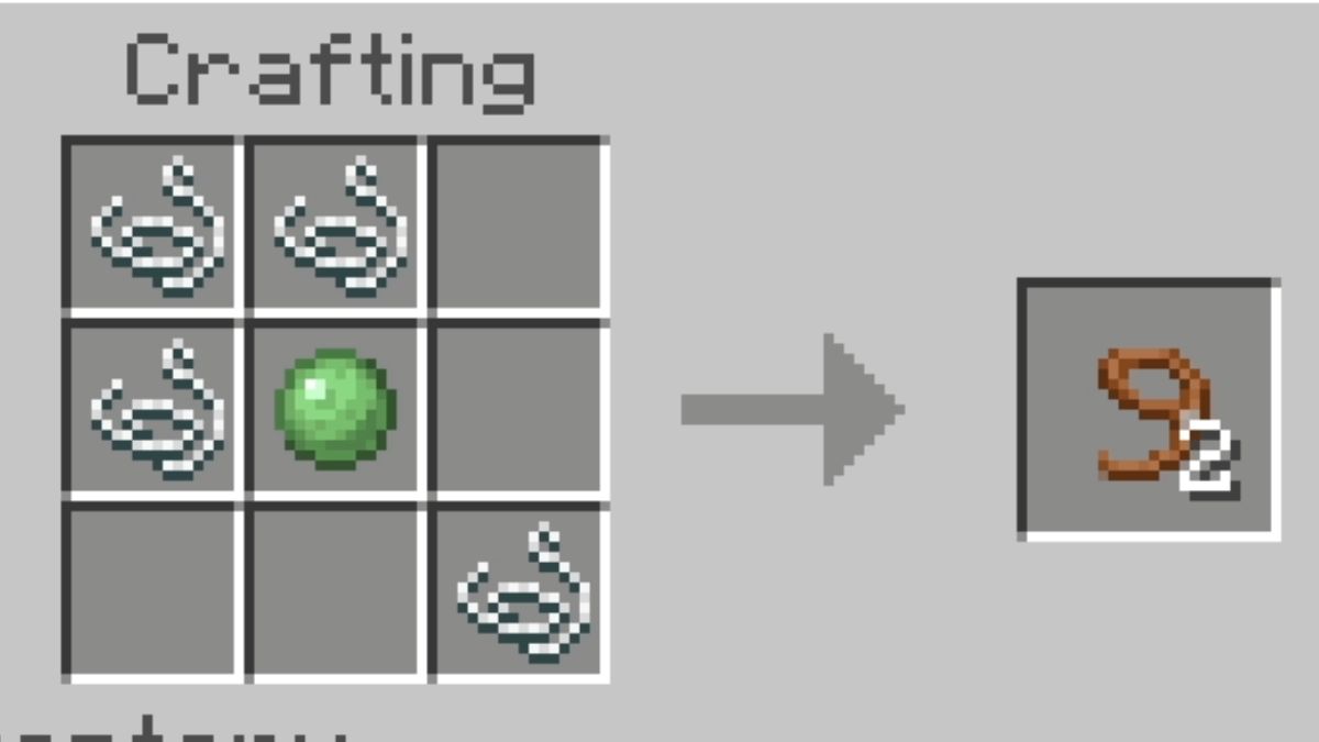 The recipe for a lead laid out on a crafting table, showing players how to make a lead in Minecraft.