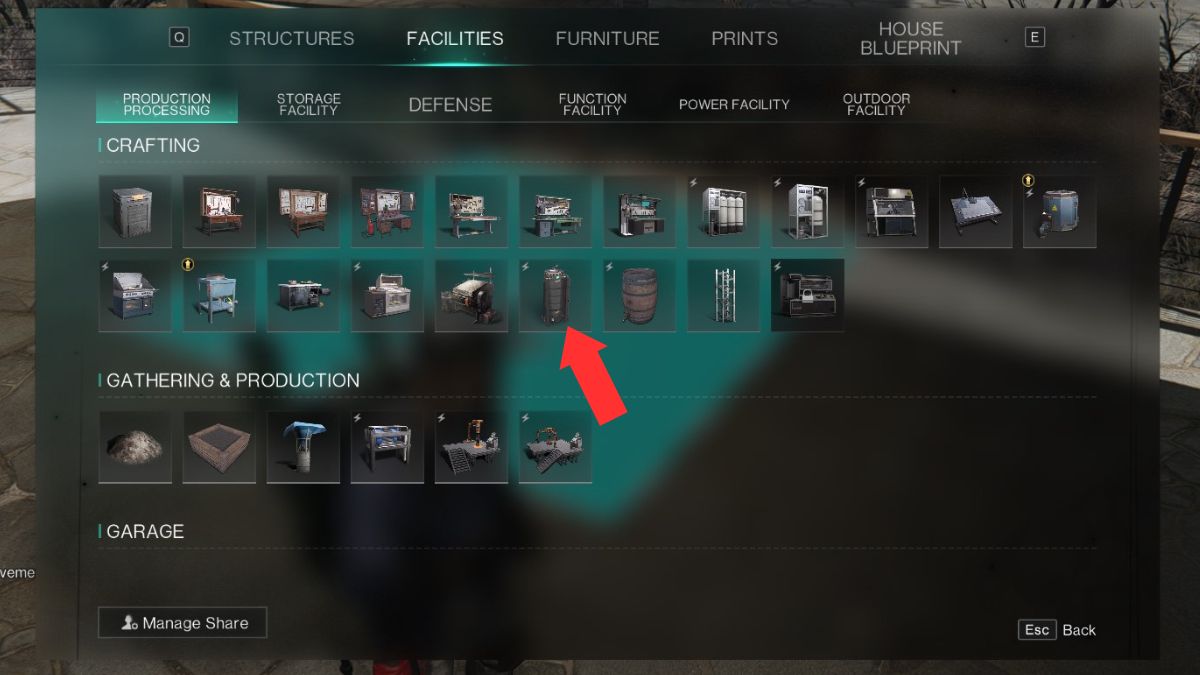 The build screen in Once Human with the Refining Facility highlighted by an arrow, as it's a requirement for fuel production in Once Human.