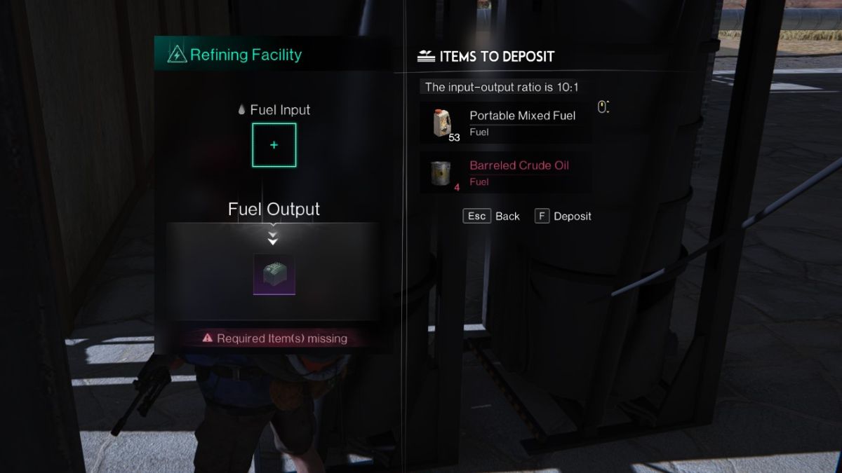 The Refining Facility interface in Once Human, showing that it has converted Portable Mixed Fuel into Barreled Premium Fuel. 