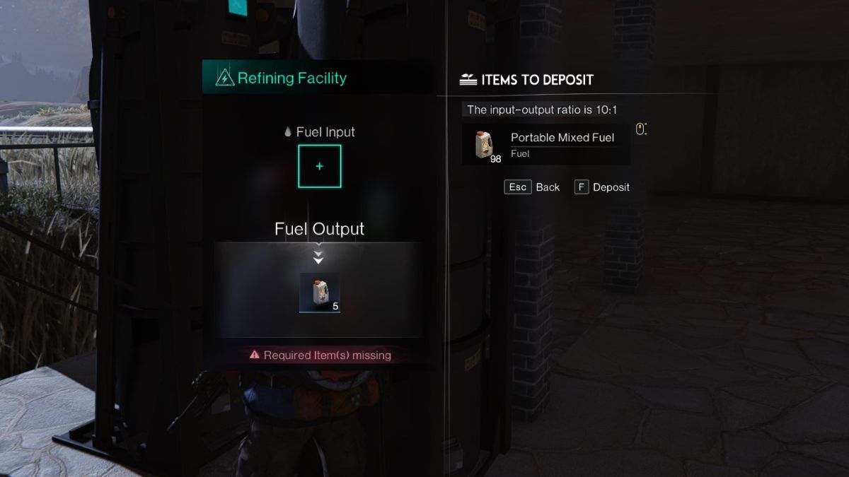 The Refining Facility interface in Once Human, showing that it has converted Crude Oil into Portable Mixed Fuel.