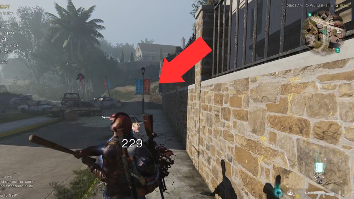 An arrow pointing out the road that leads to the weapon and gear crates at High Banks in Once Human.