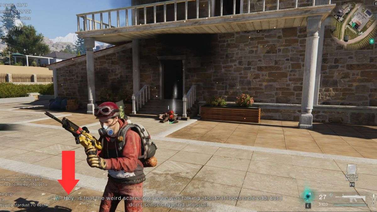 V speaks to the player in Evergreen Vineyard near the scarecrow that starts the quest.