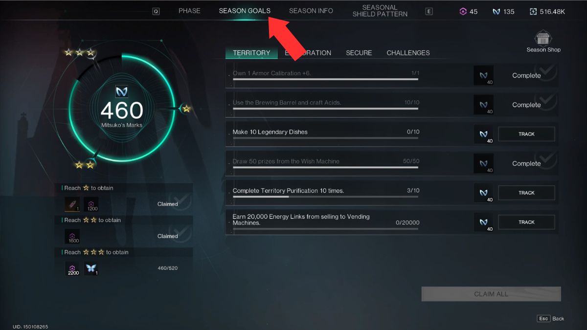 The season goals tab in Once Human marked by an arrow to help beginner players navigate the UI. 