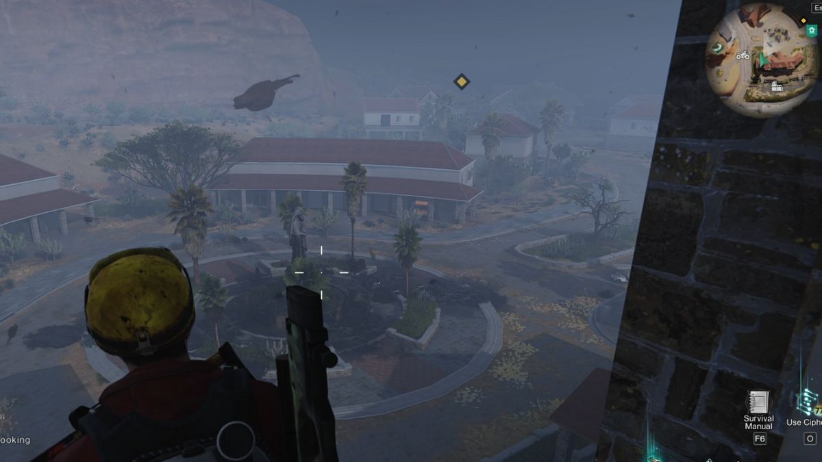 The town of Evergreen in Once Human from the bell tower after the player finished the exploration.