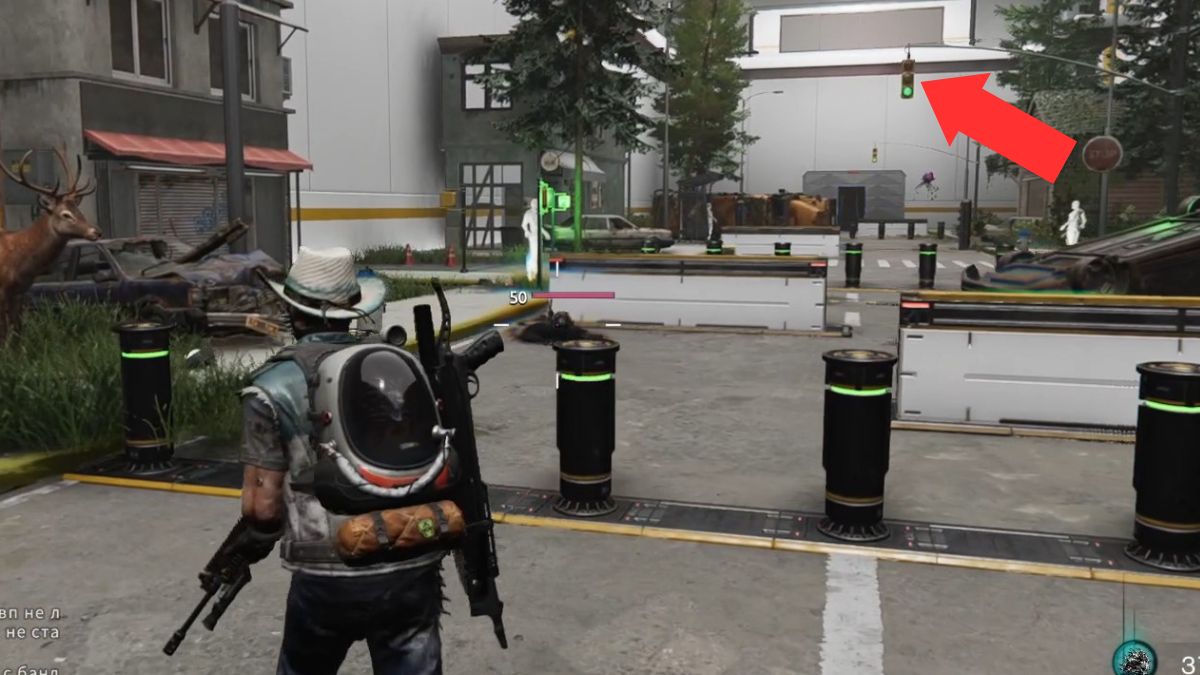 The traffic light in the puzzle room at Securement Silo EX1 highlighted by an arrow.