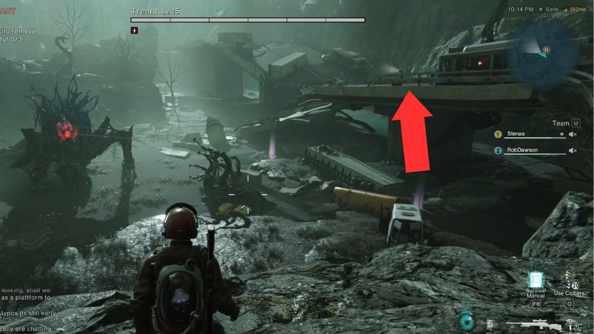An arrow pointing out a good spot to fight the boss from in the Treant battle at the Gaia Cliffs Monolith in Once Human.