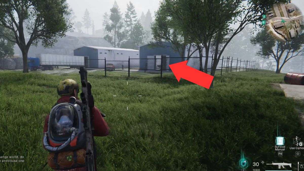 The warehouse at East Blackfell Junction that contains an additional gear crate in Once Human, highlighted by an arrow.