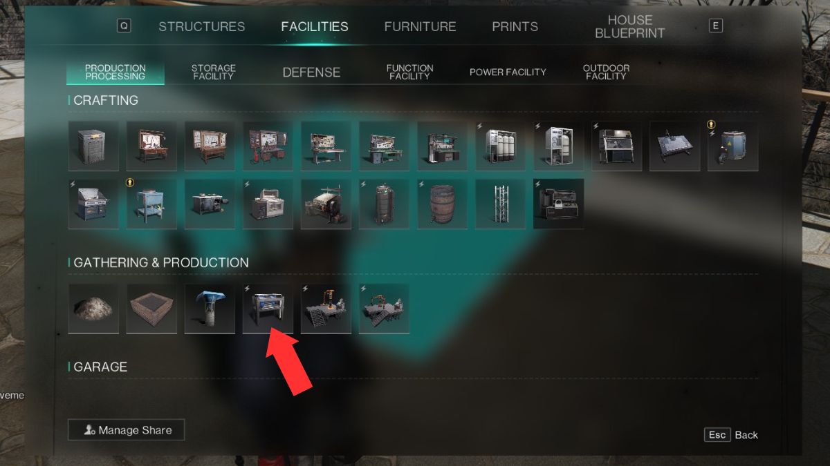 The build menu in Once Human, with the water pump highlighted by an arrow, since it's required for fuel production. 
